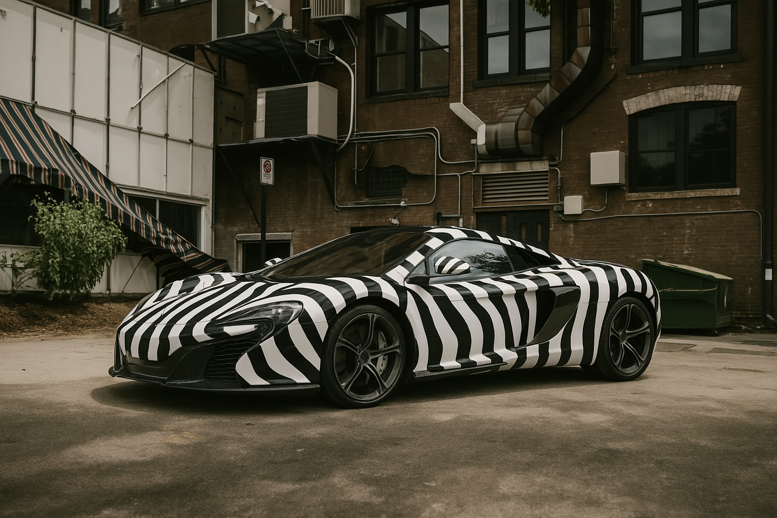 An AI-designed car wrap with a zebra stripe pattern on a luxury vehicle.